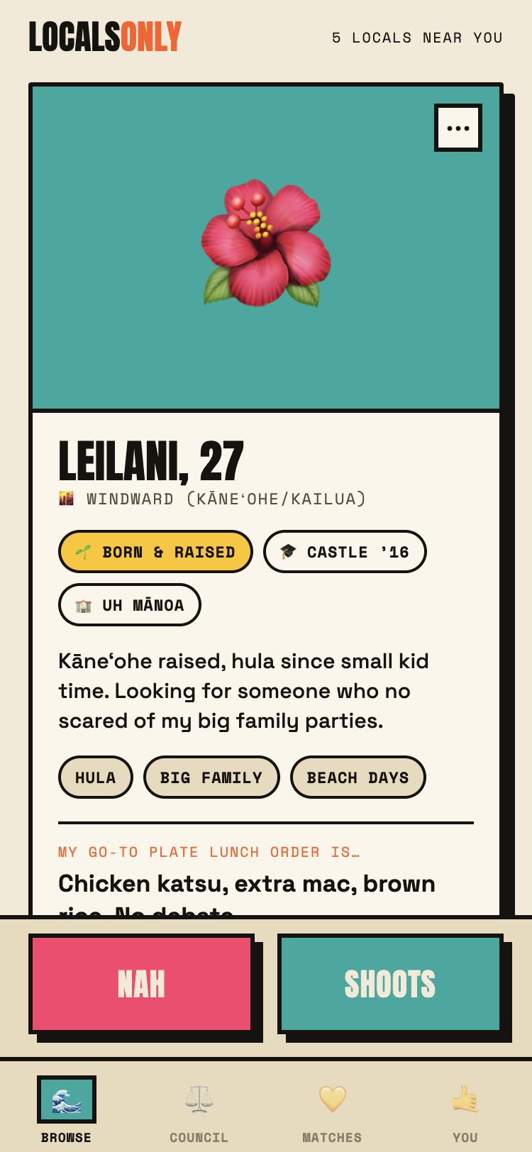 Browse screen — a local’s profile card with Nah and Shoots buttons