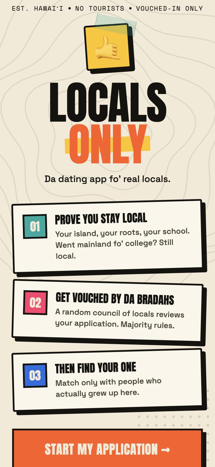 LocalsOnly welcome screen — Locals Only, da dating app fo’ real locals